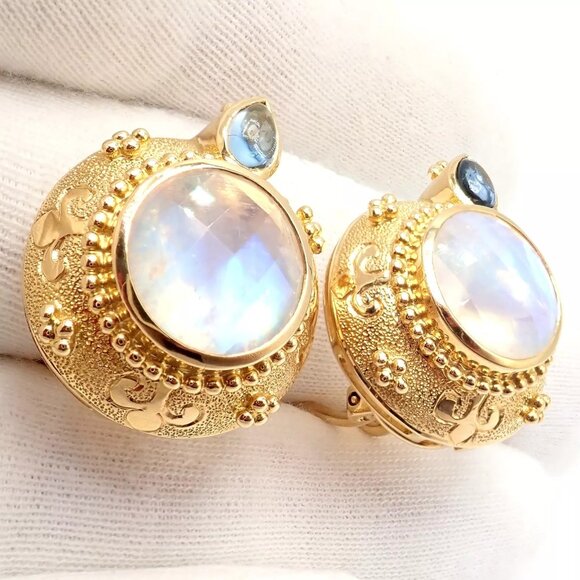 Rare! Vintage Paula Crevoshay 18k Gold Aquamarine Moonstone Round Earrings OOAK - Picture 6 of 12
